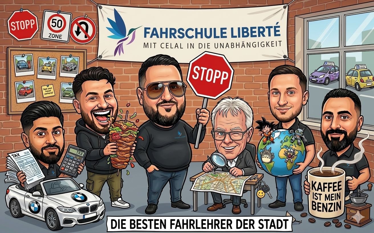 Cartoon-Karikatur des Liberté-Teams – die besten Fahrlehrer der Stadt